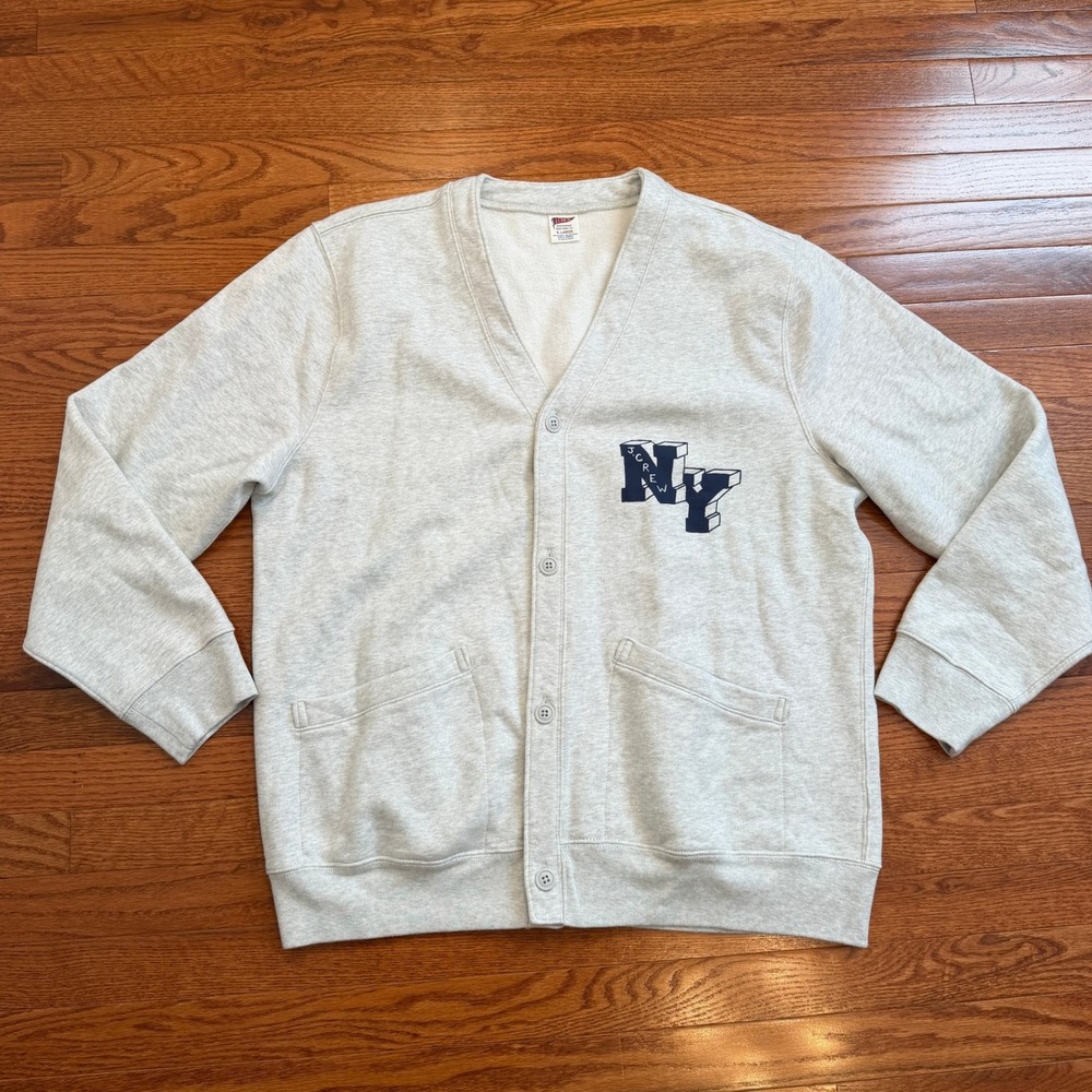 J.Crew Sportswear Cardigan Sweater Mens XL Gray New York Graphic Fleece Varsity